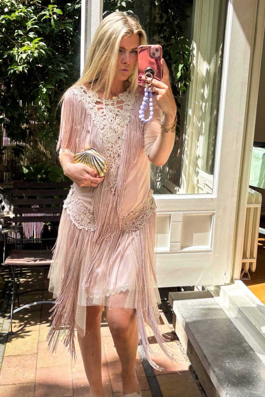 Whimsical tulle mesh embroidered pink dress