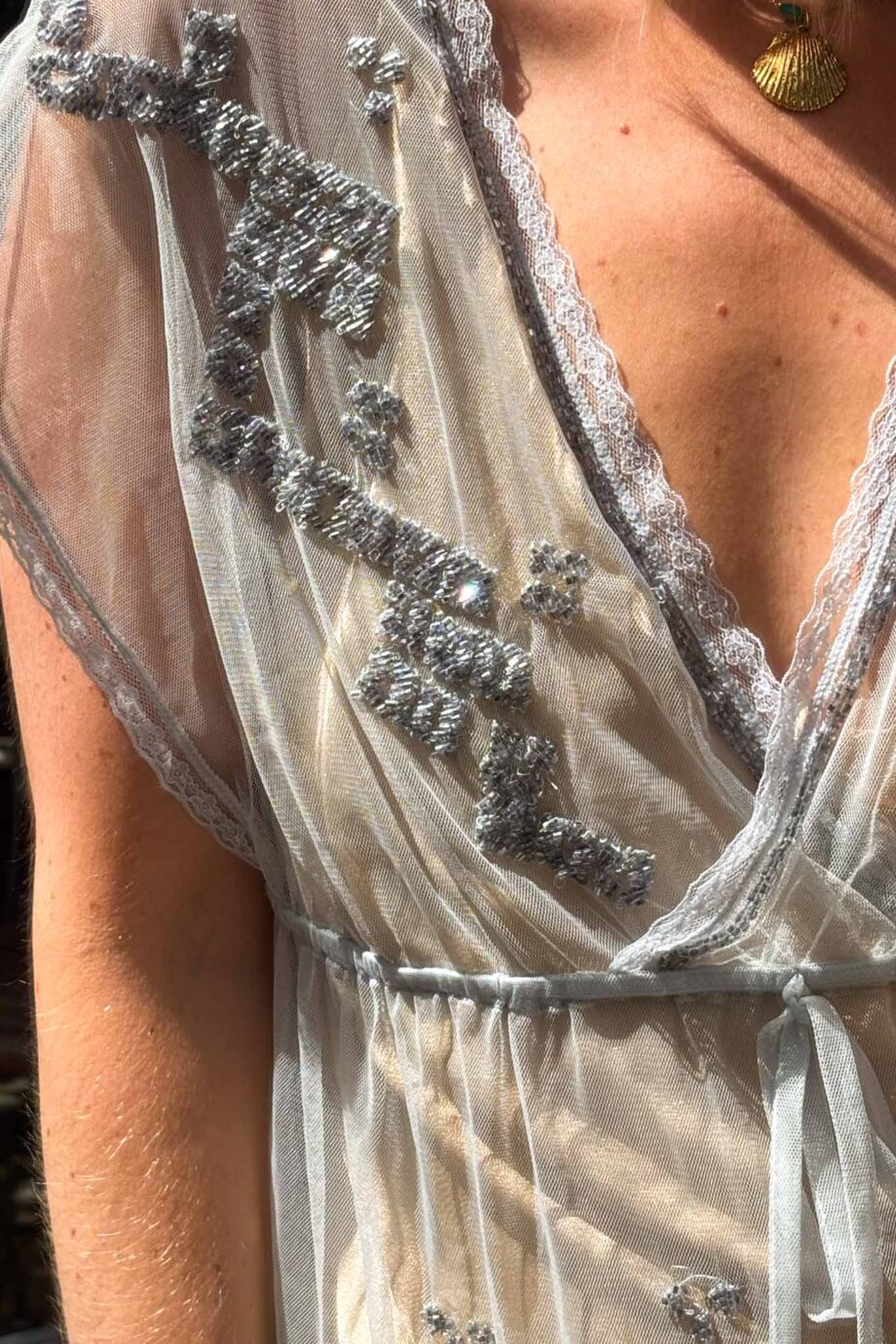 Light ethereal blue sequin mesh blouse