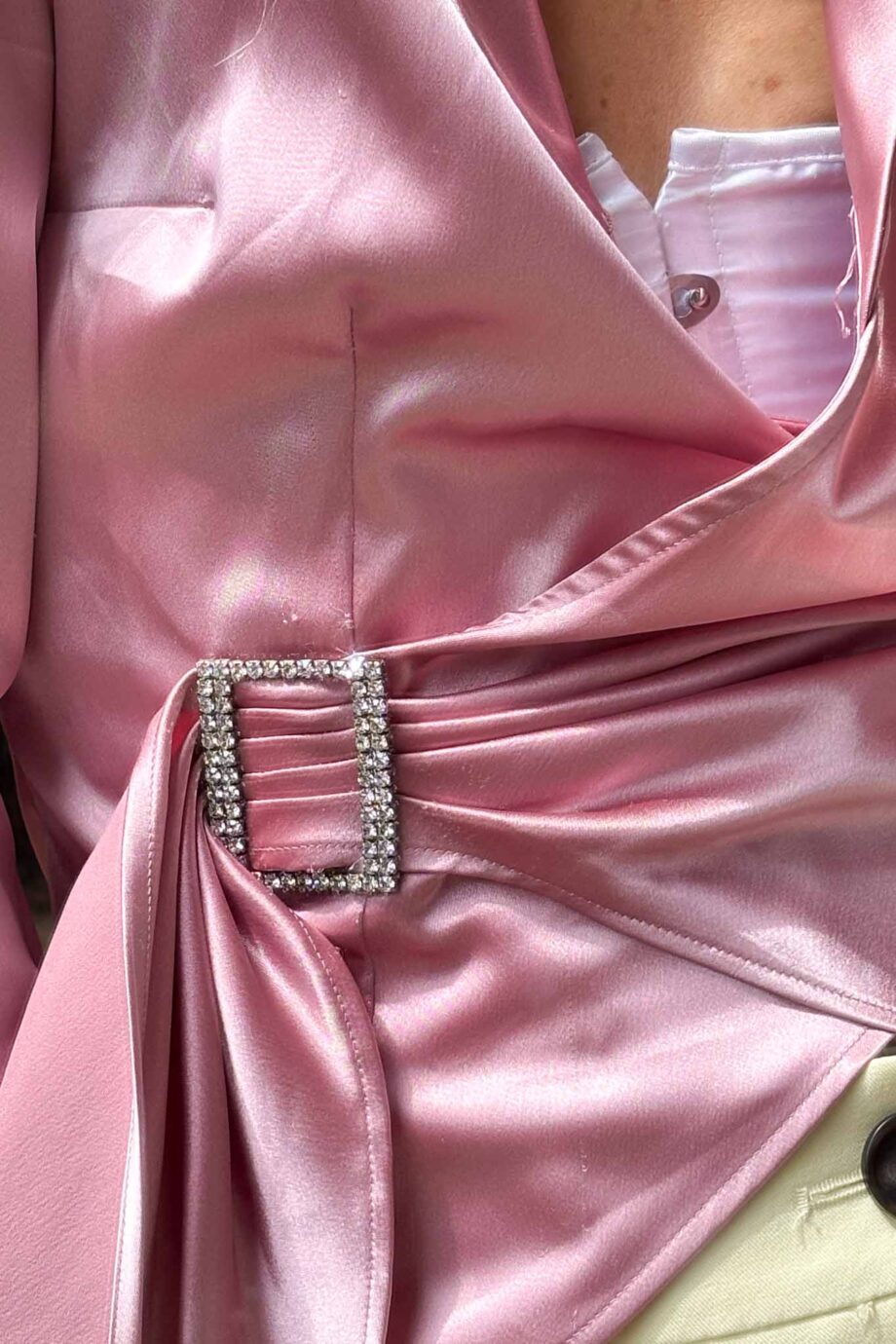 Rose draped satin silver buckle blouse