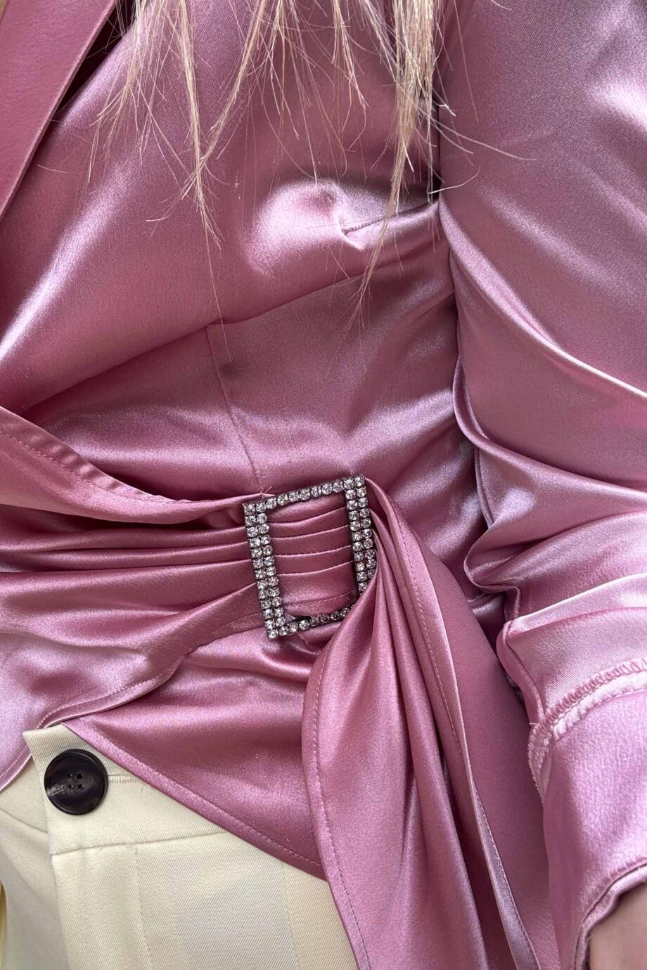 Rose draped satin silver buckle blouse