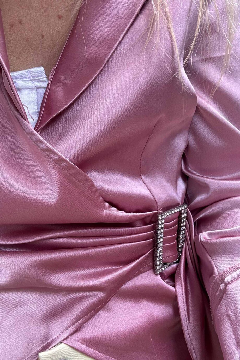 Rose draped satin silver buckle blouse