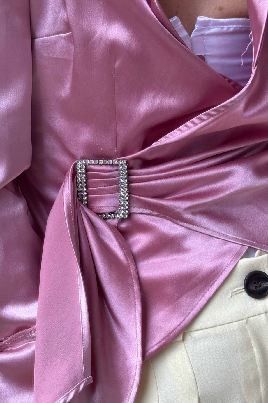 Rose draped satin silver buckle blouse