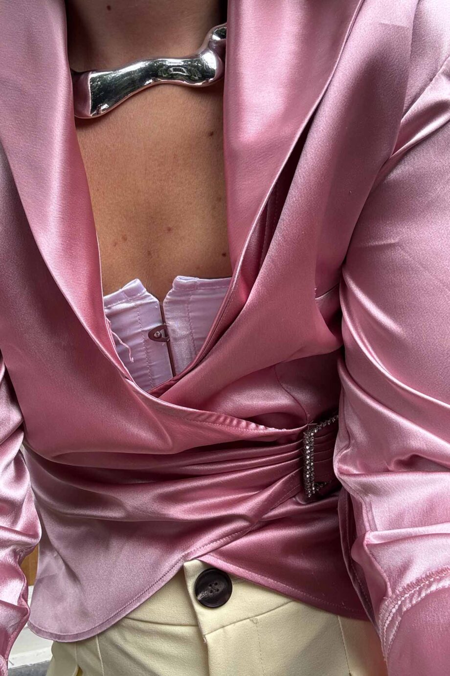 Rose draped satin silver buckle blouse