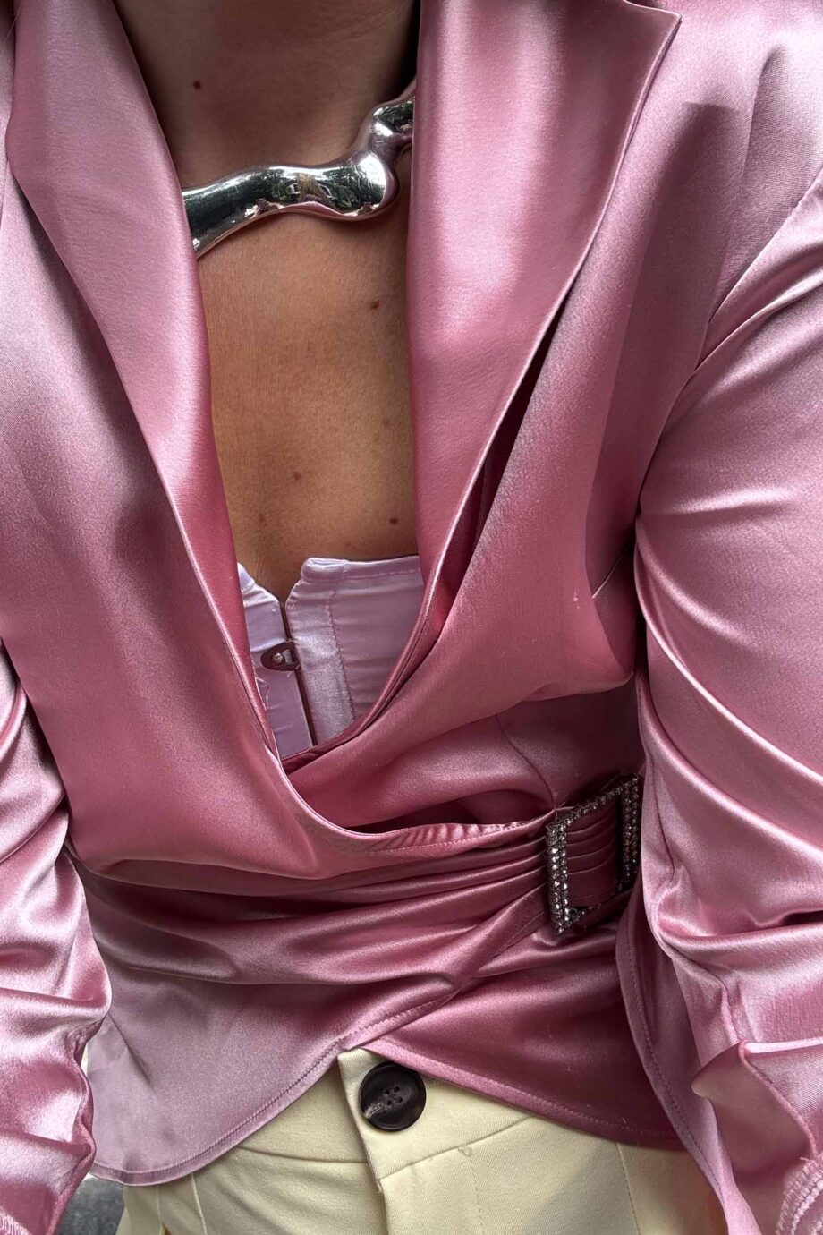 Rose draped satin silver buckle blouse