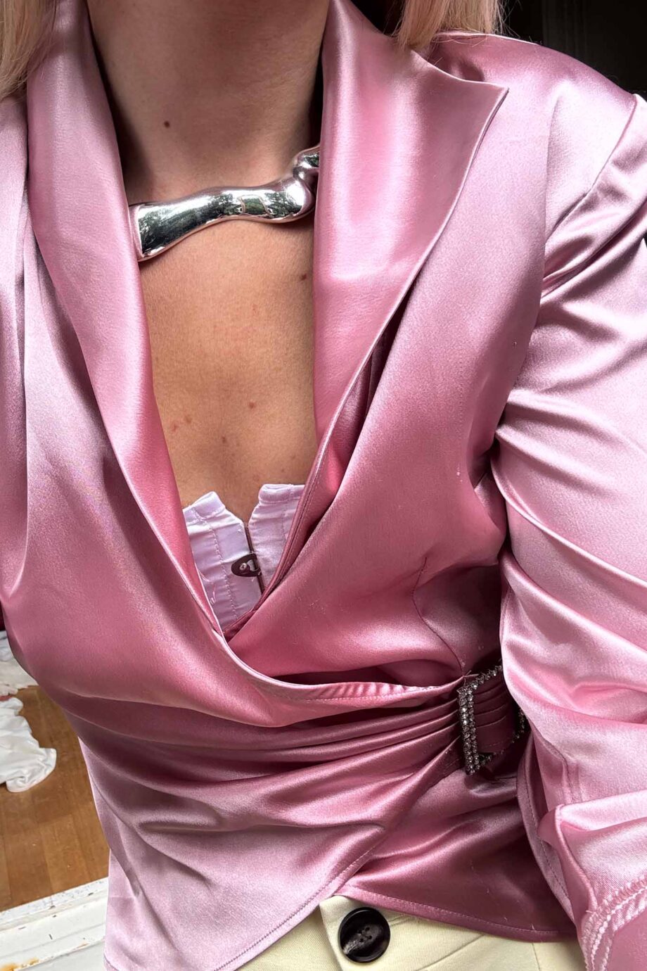 Rose draped satin silver buckle blouse