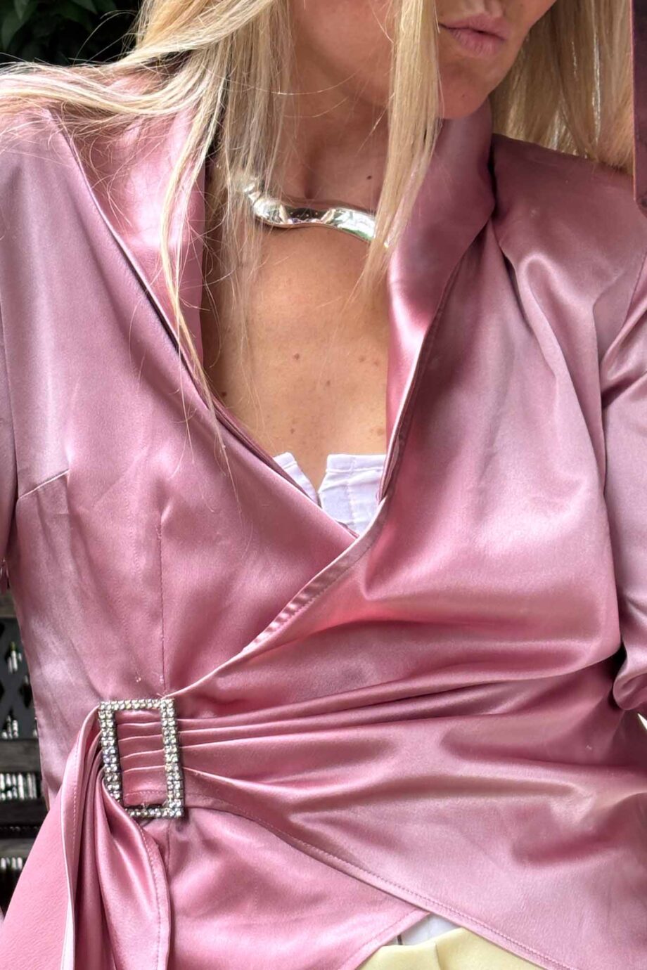 Rose draped satin silver buckle blouse