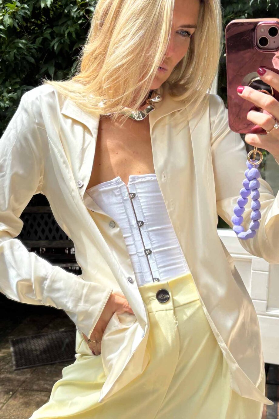 Crème de seta silk pearl button blouse