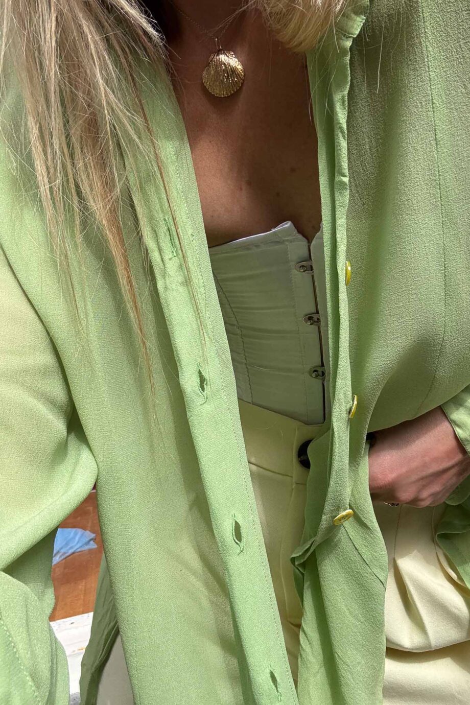 Whisper lime silk blouse vintage elegance