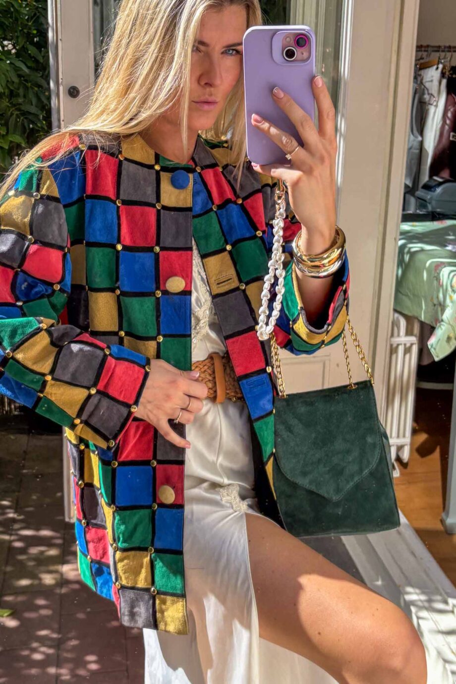 The patchwork suede golden studds jacket mondriaan inspired