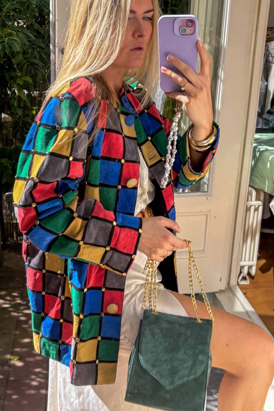 The patchwork suede golden studds jacket mondriaan inspired