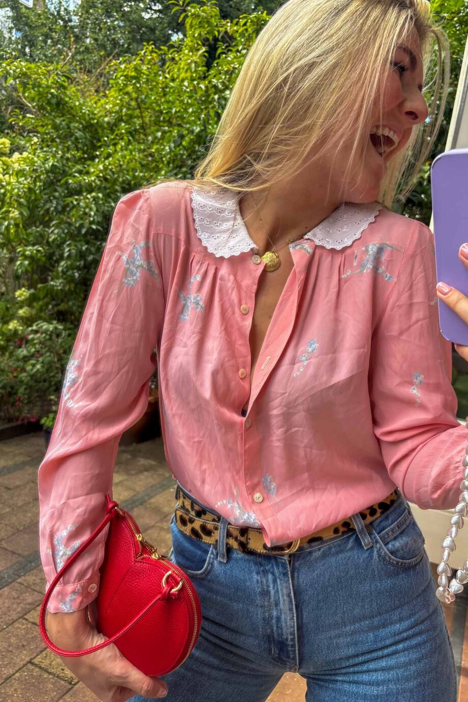 The soie en silk rose broderie blouse