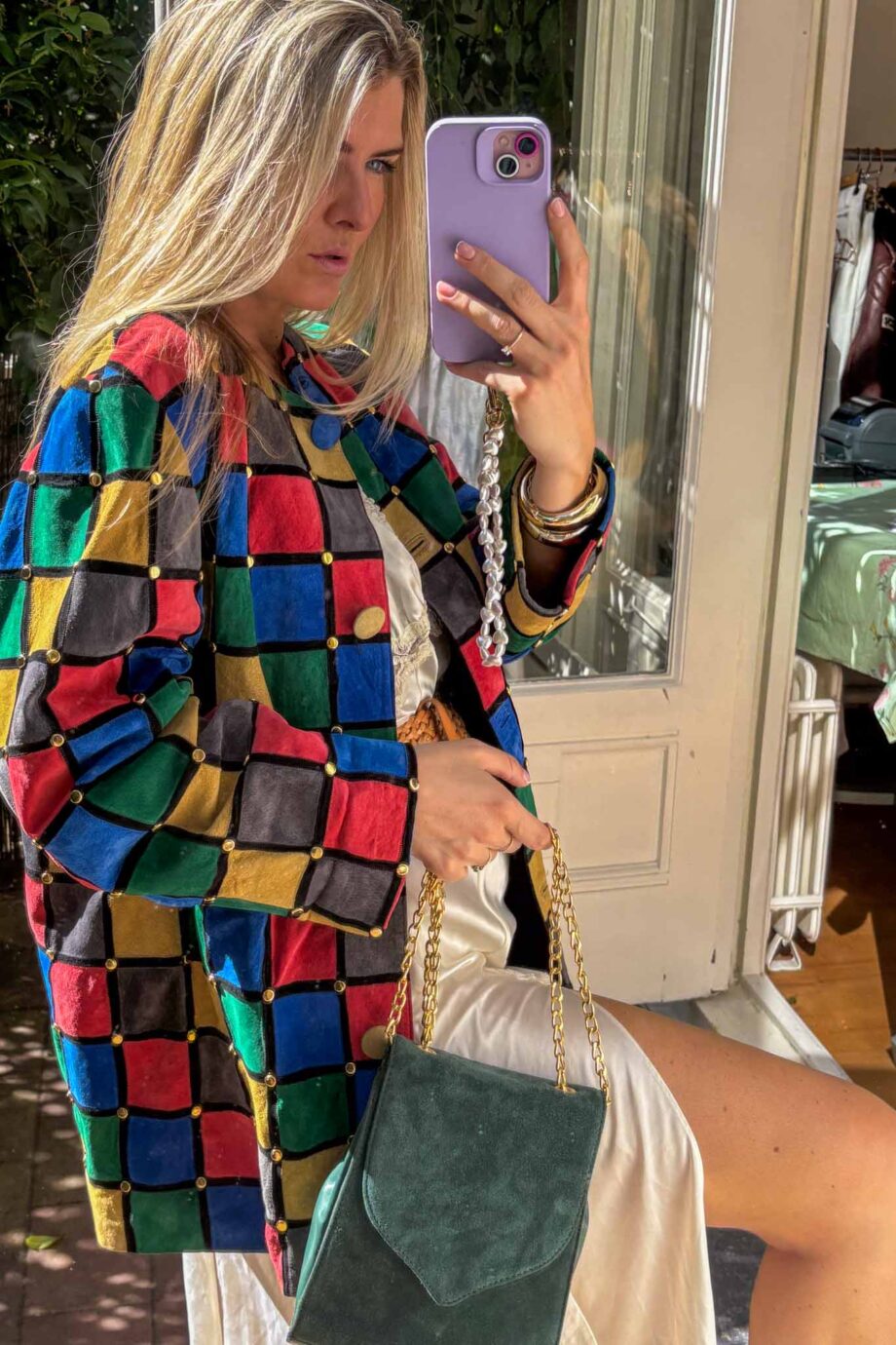 The patchwork suede golden studds jacket mondriaan inspired