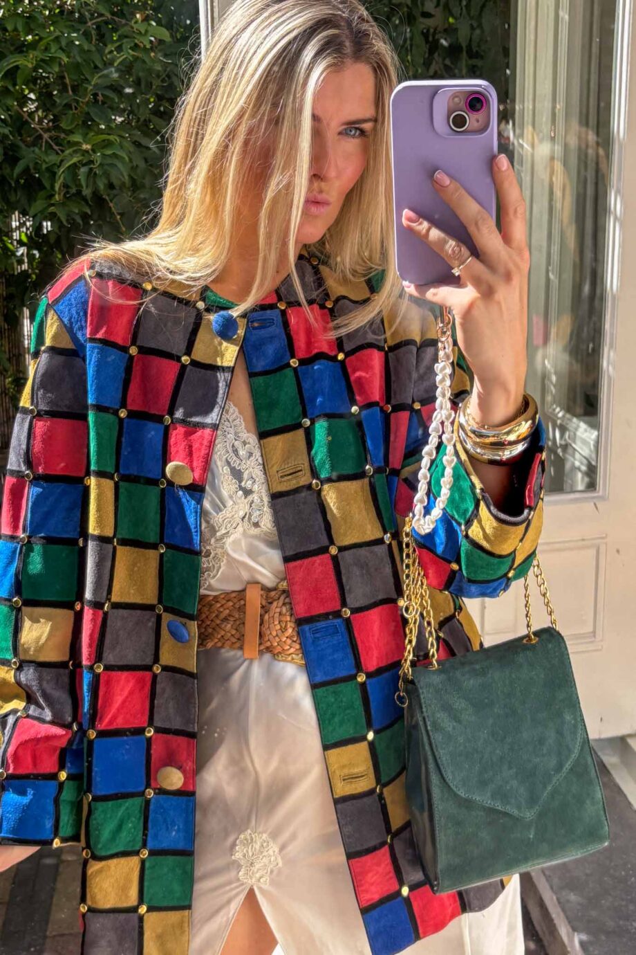 The patchwork suede golden studds jacket mondriaan inspired