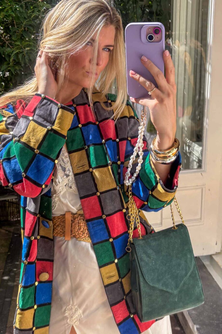 The patchwork suede golden studds jacket mondriaan inspired