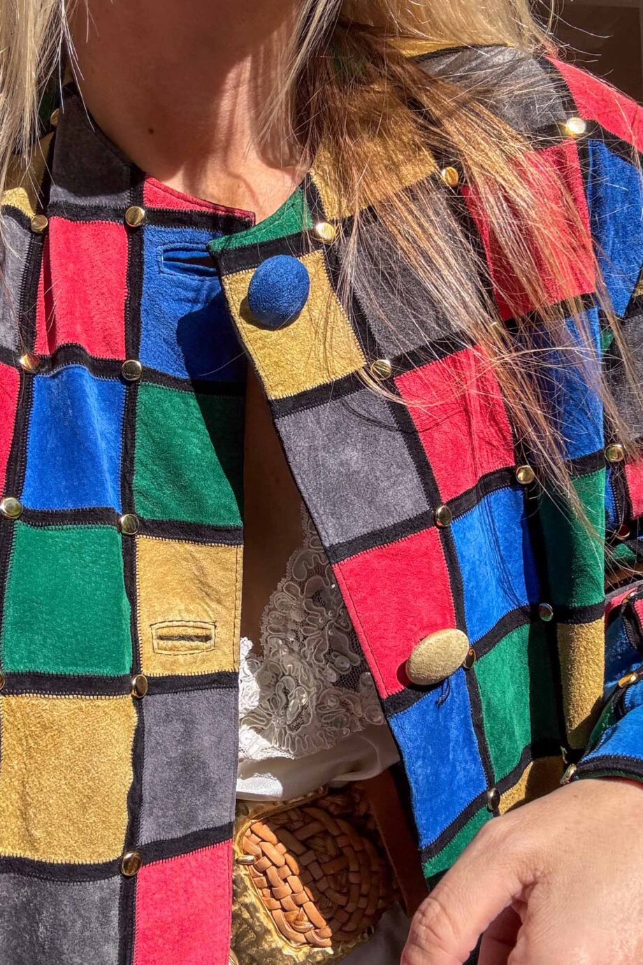 The patchwork suede golden studds jacket mondriaan inspired