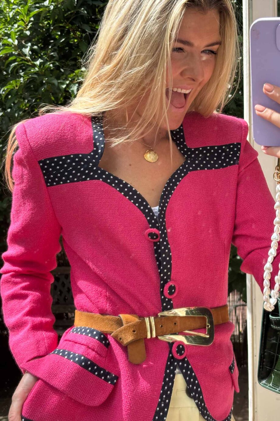 Fuchsia coeur polka dot blazer with a twist