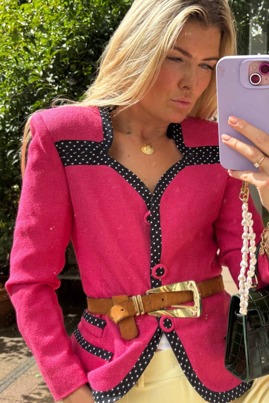 Fuchsia coeur polka dot blazer with a twist