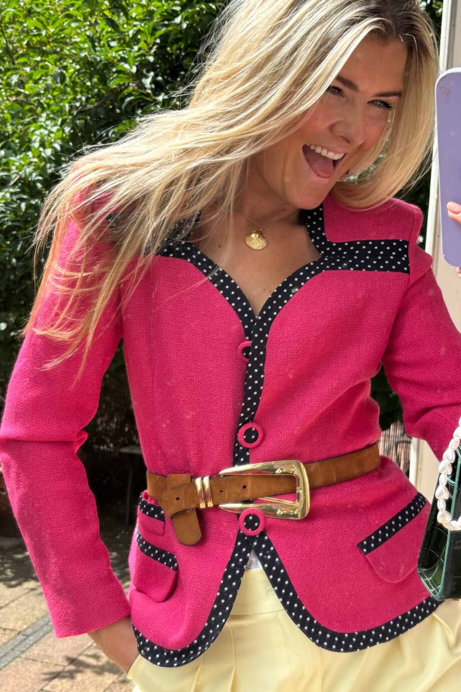 Fuchsia coeur polka dot blazer with a twist