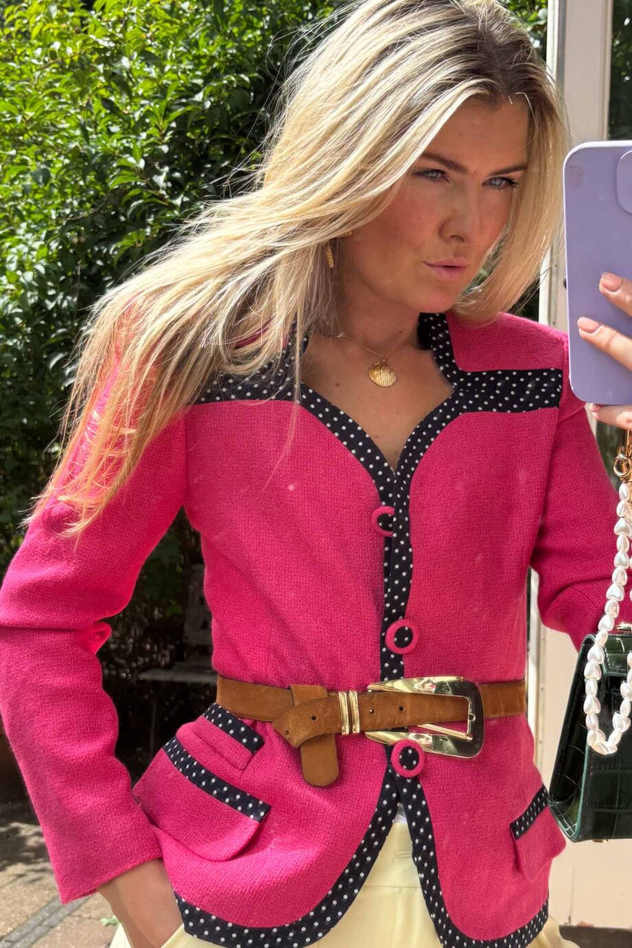 Fuchsia coeur polka dot blazer with a twist