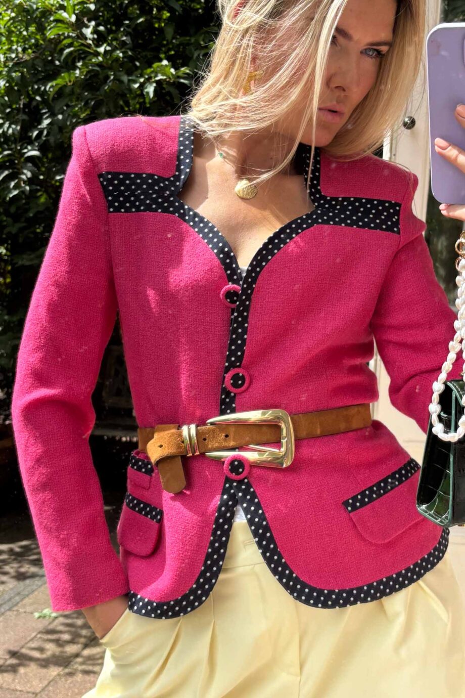 Fuchsia coeur polka dot blazer with a twist