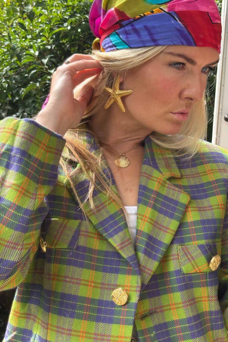 Highland check blazer, blue & green wool