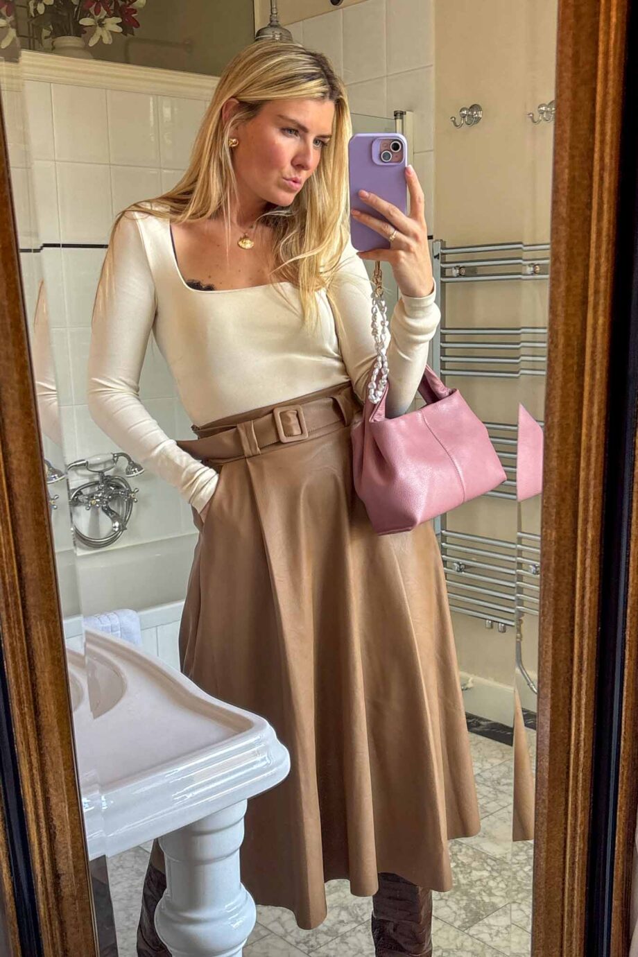 Falling in love with fall vegan camel leather maxi skirt