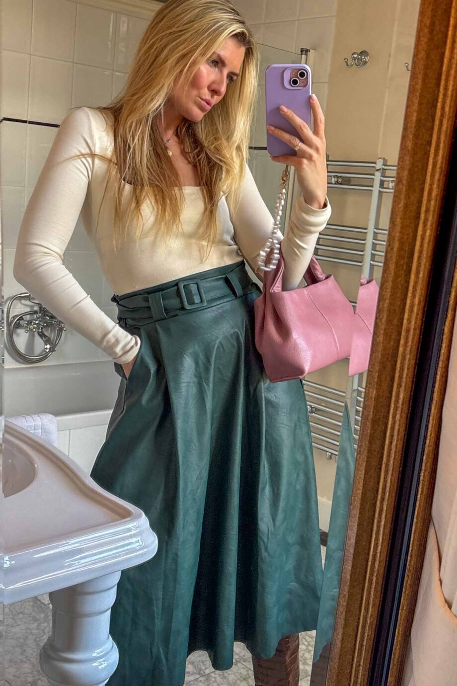 Falling in love with fall vegan leather maxi skirt