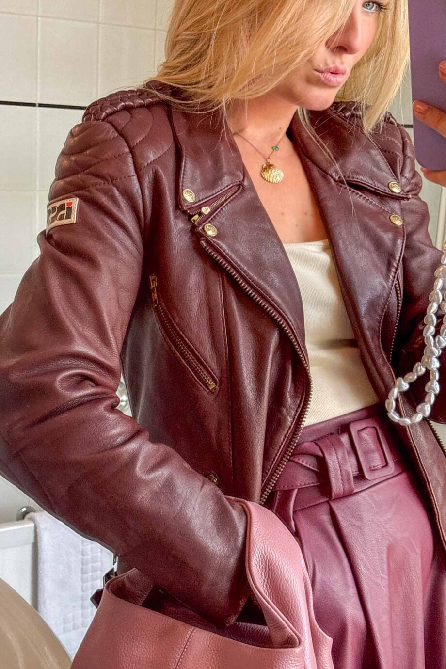 Braided leather babe burgundy biker's jacket