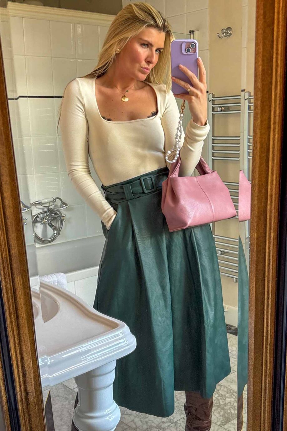 Falling in love with fall vegan leather maxi skirt
