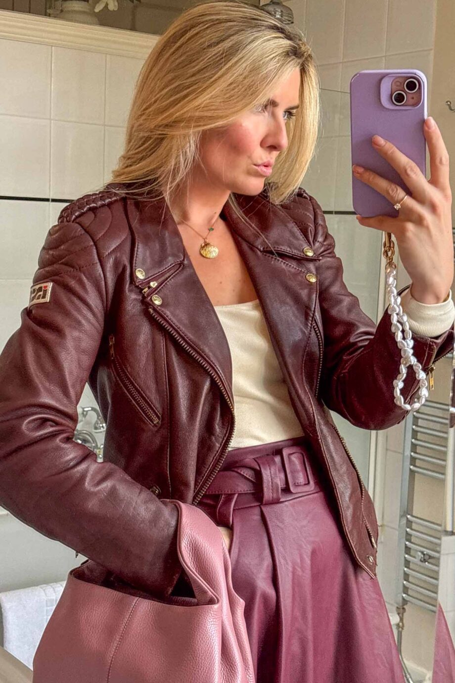 Braided leather babe burgundy biker's jacket