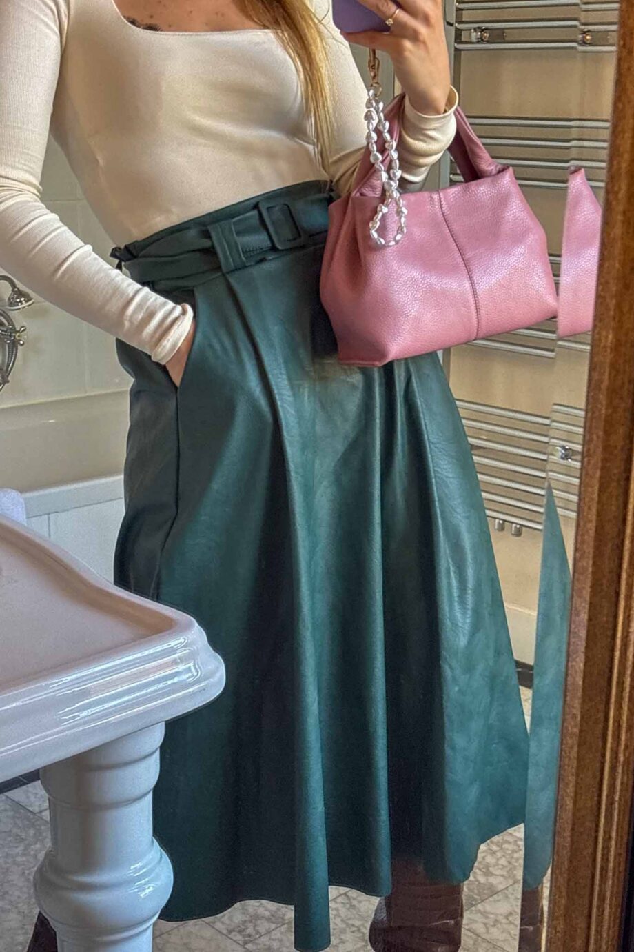 Falling in love with fall vegan leather maxi skirt