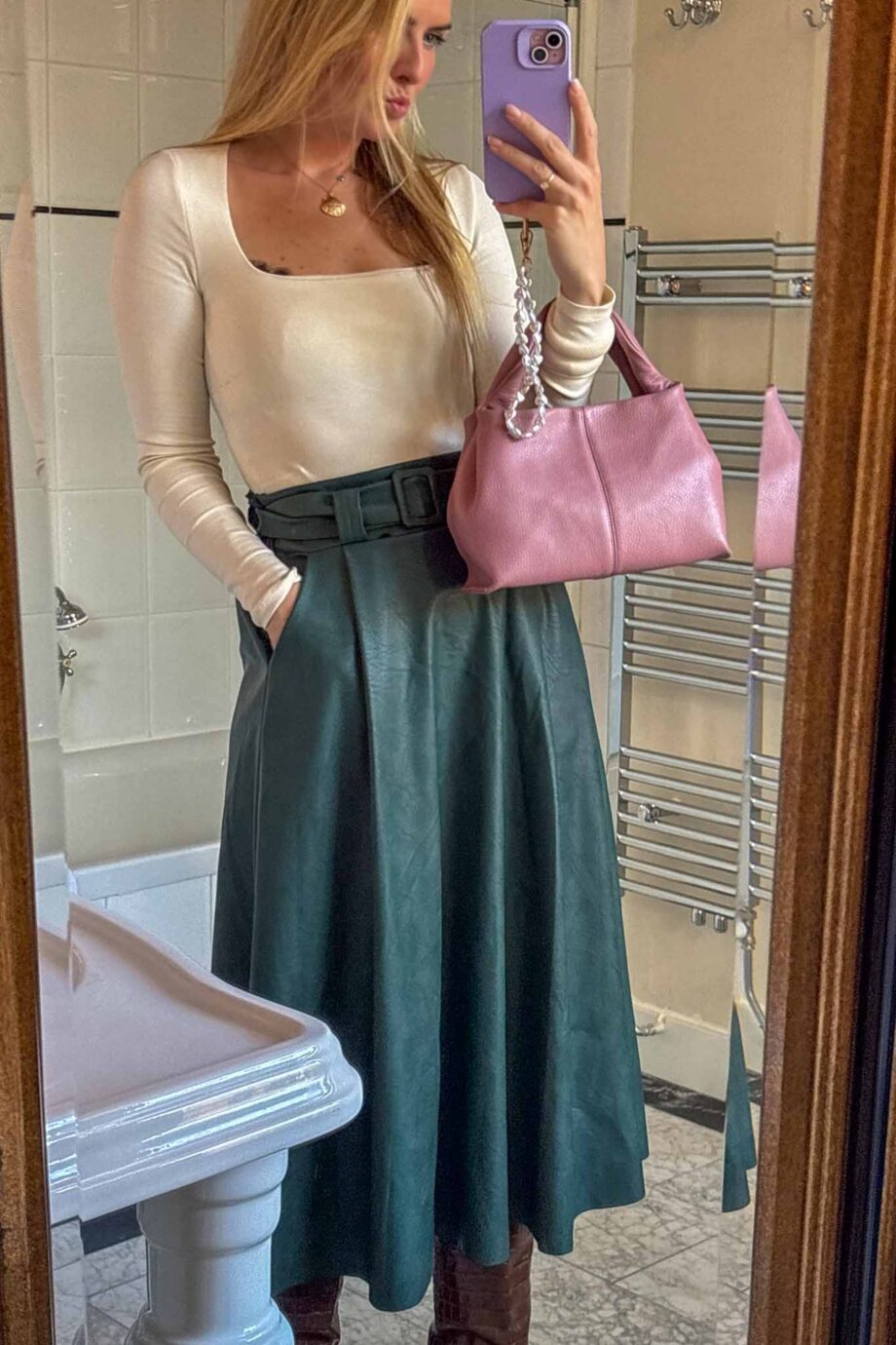 Falling in love with fall vegan leather maxi skirt