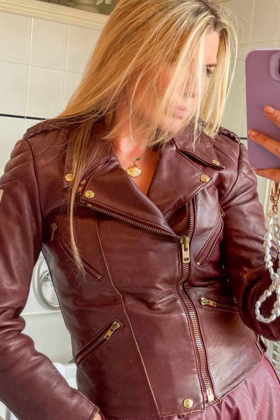 Braided leather babe burgundy biker's jacket