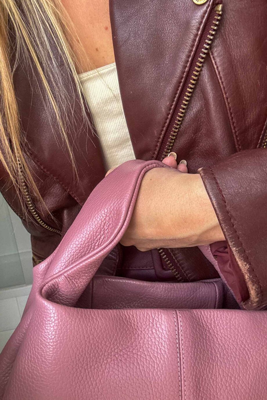 Braided leather babe burgundy biker's jacket