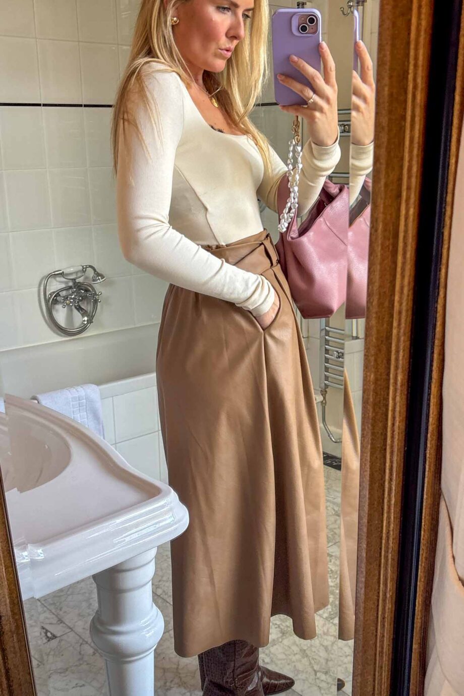 Falling in love with fall vegan camel leather maxi skirt