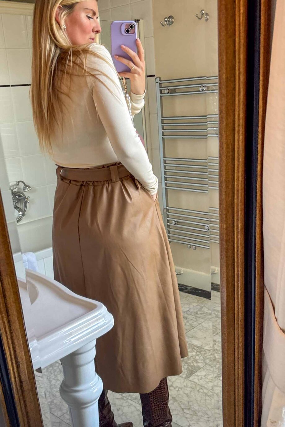 Falling in love with fall vegan camel leather maxi skirt