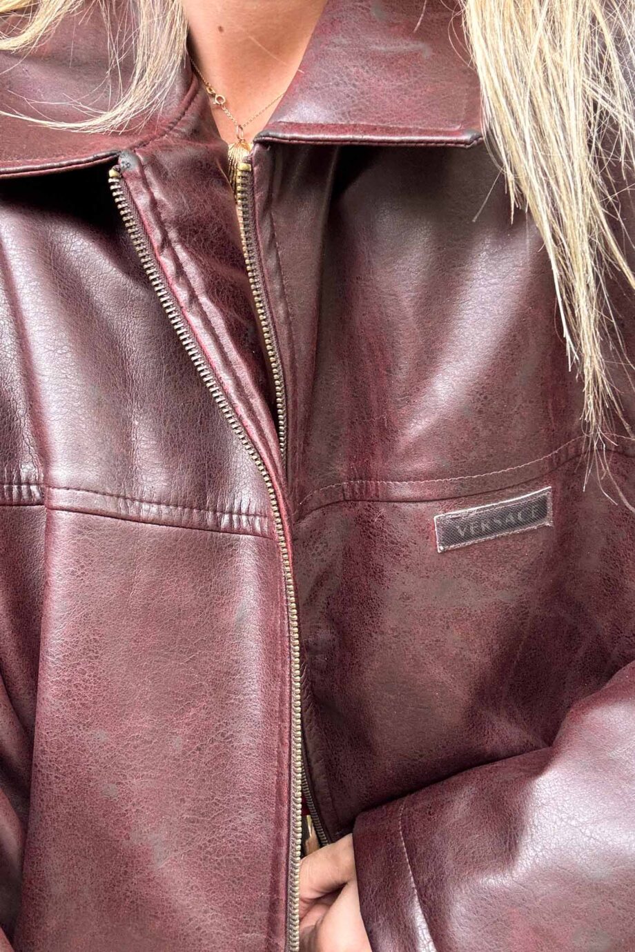 Oversized Burgundy Vegan Leather Jacket – Versace-Inspired