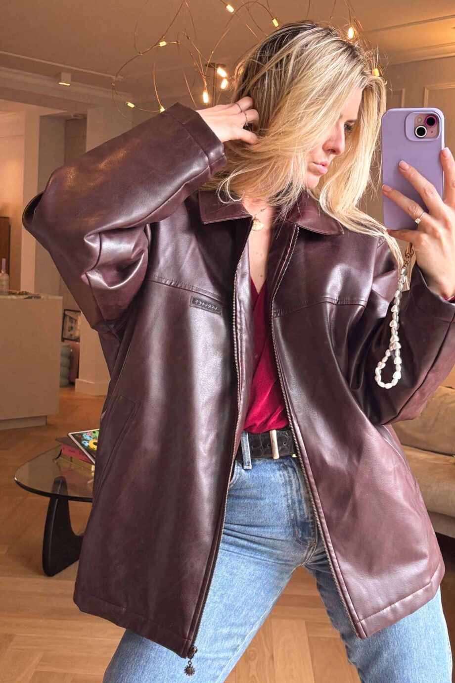 Oversized Burgundy Vegan Leather Jacket – Versace-Inspired