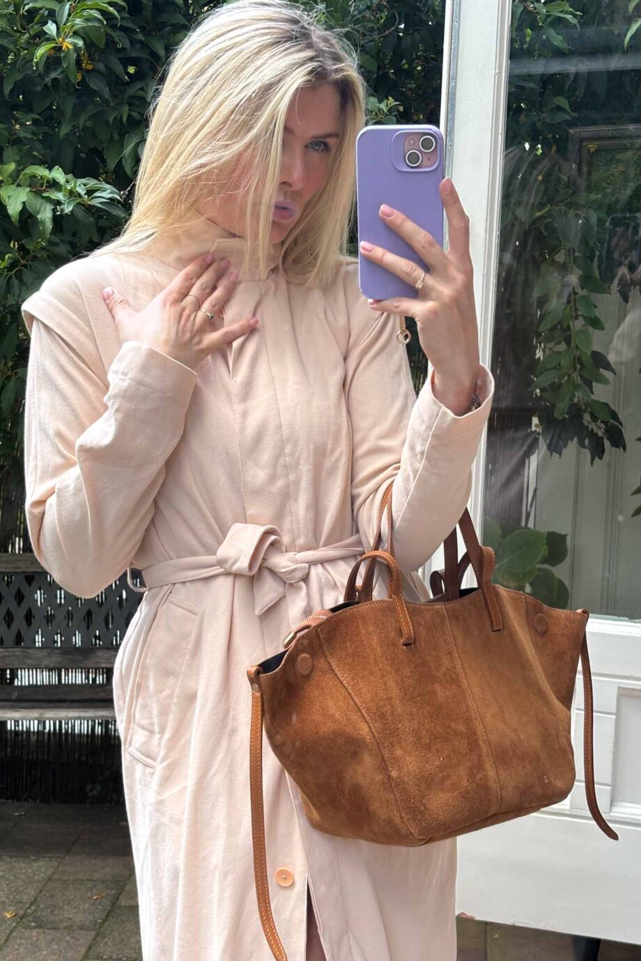 Maison blush suede sleek and luxury trench coat