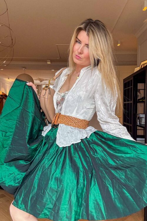 Verde Luxe Green Satin A-Line Skirt